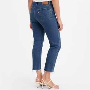 Levi's 501 Premium Original Fit Straight Leg Cropped Jeans Medium Blue Frayed